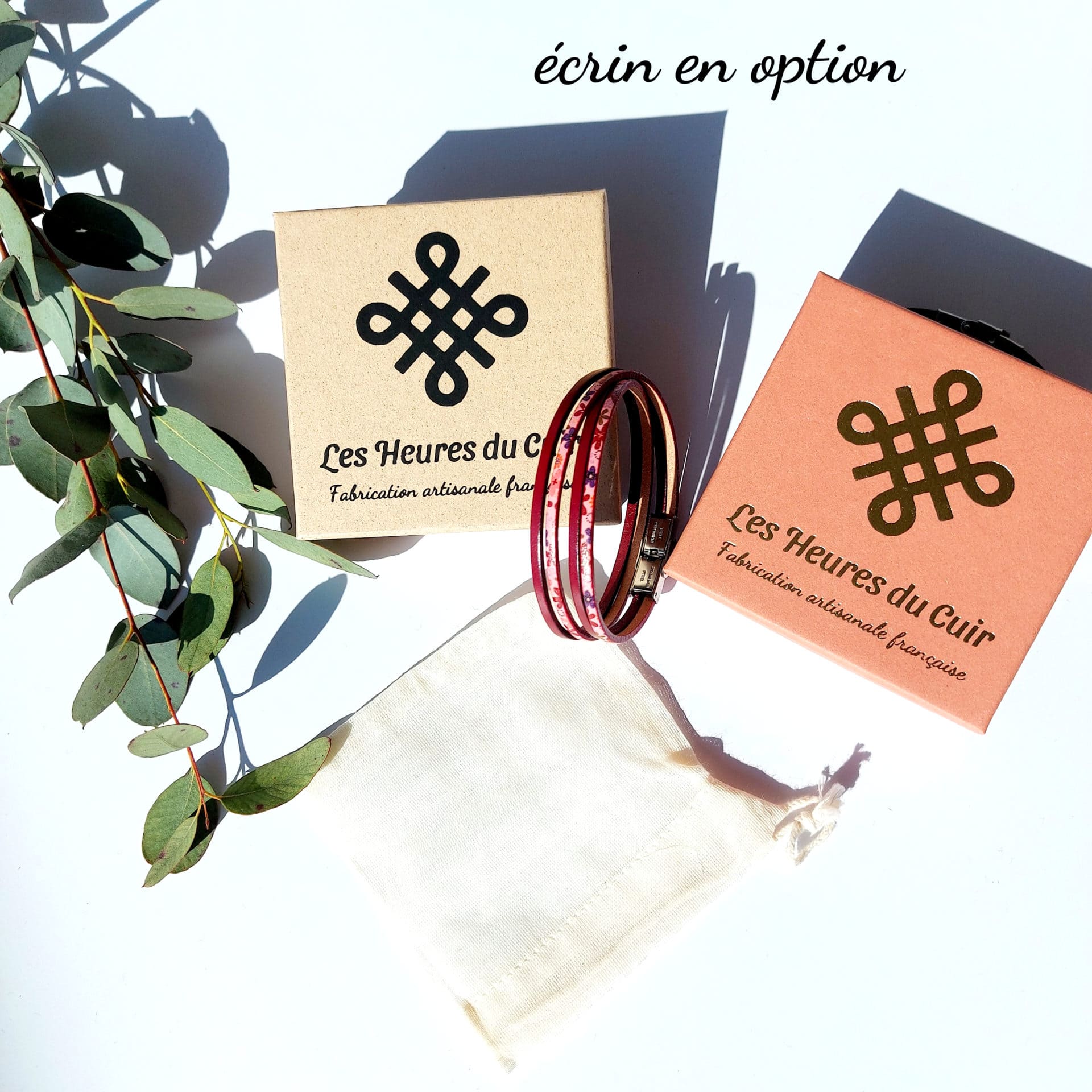 bracelet cuir femme prune et fleur écrin en option