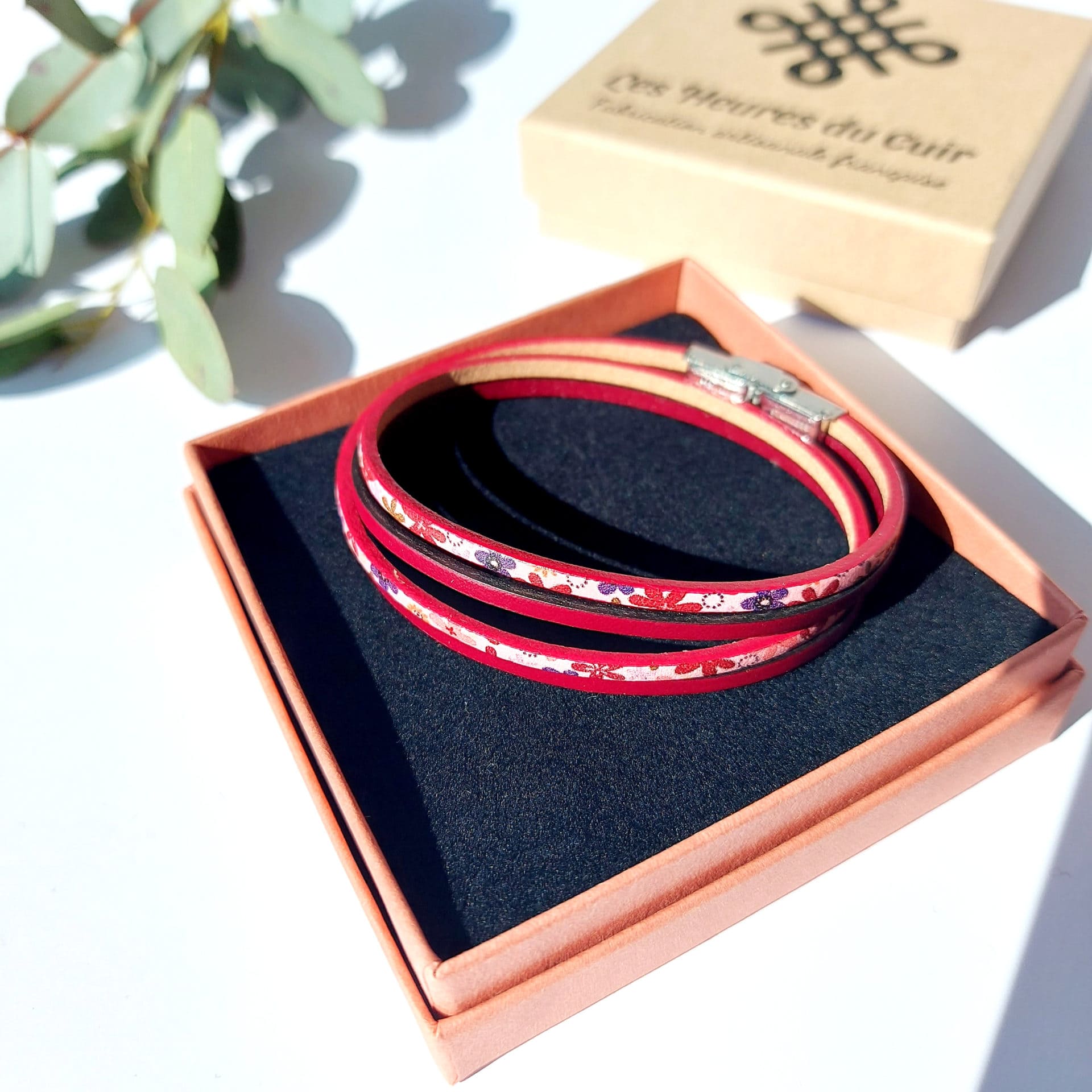 bracelet cuir femme prune et fleur