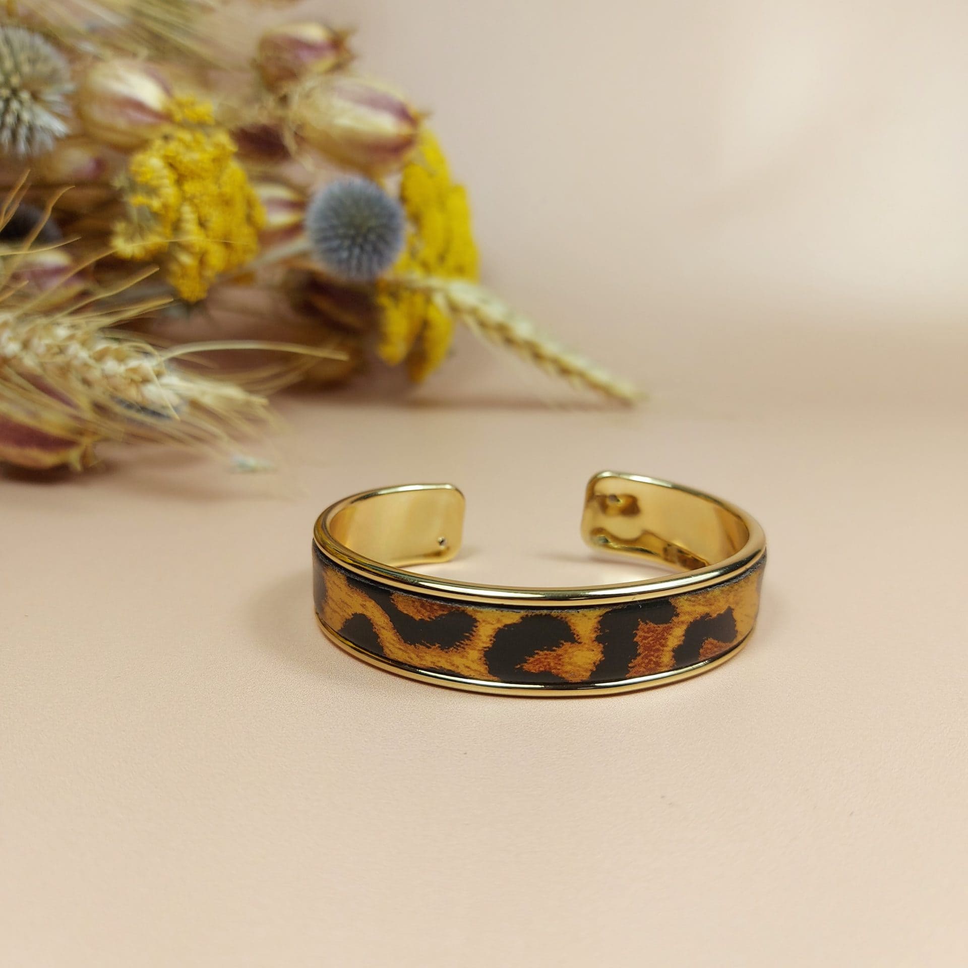 bracelet manchette jonc doré cuir imitation panthère