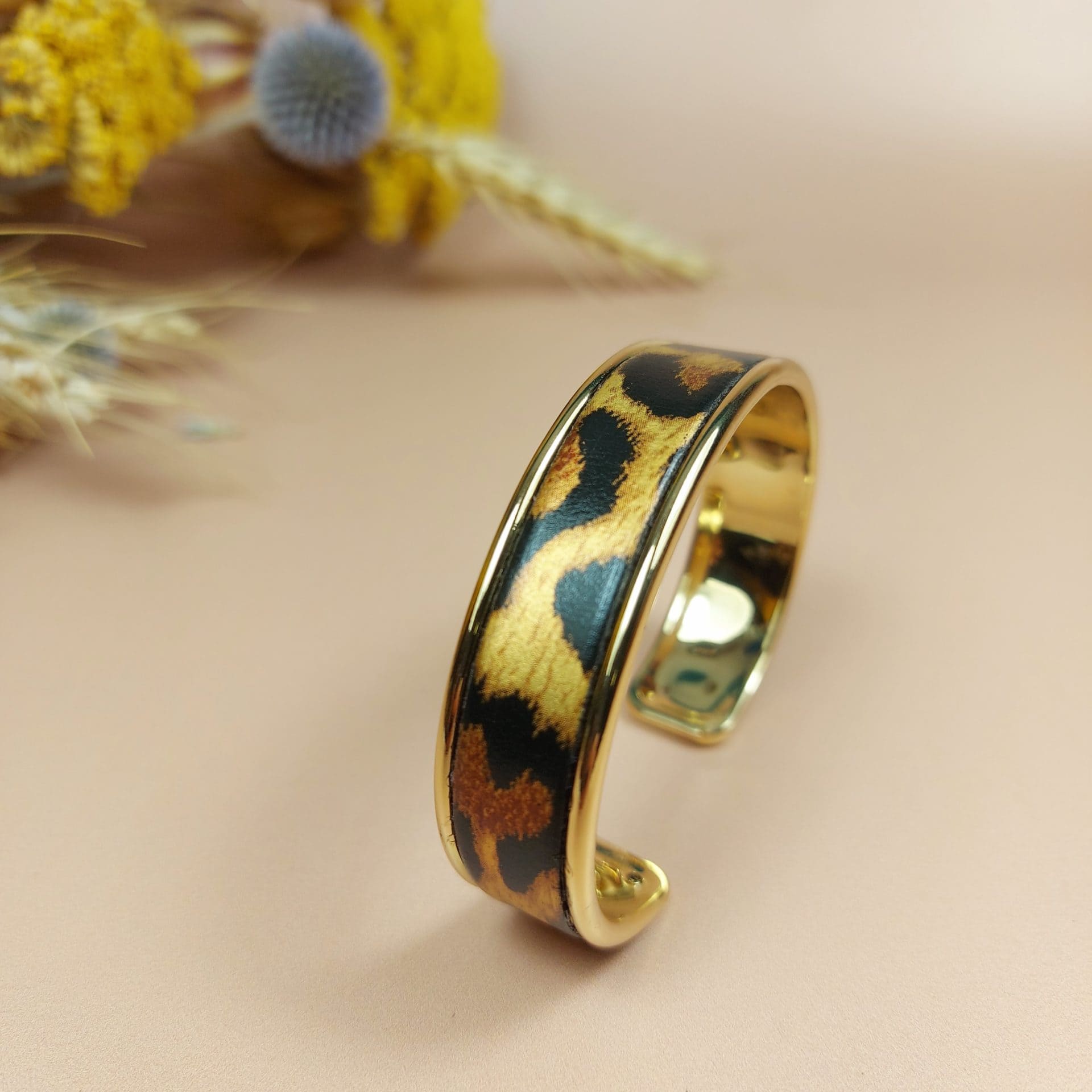 bracelet manchette jonc doré cuir imitation panthère