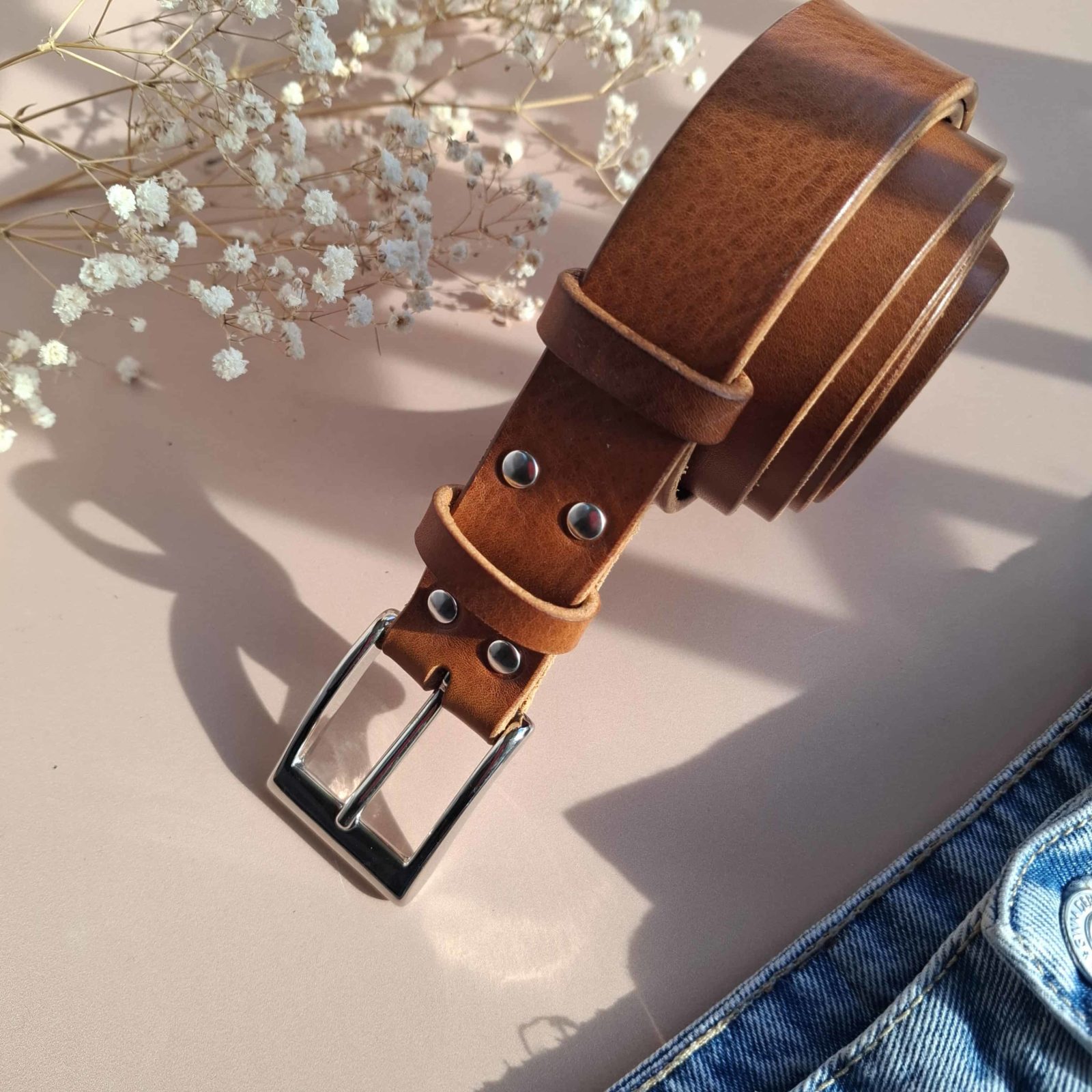 Ceinture cuir fauve artisanale